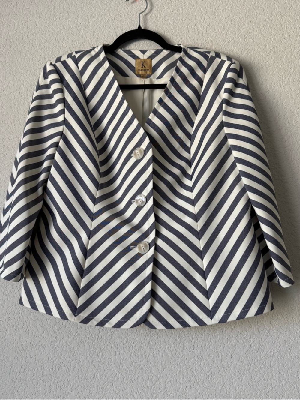 Kasper Striped Navy and White V-Neck Blazer